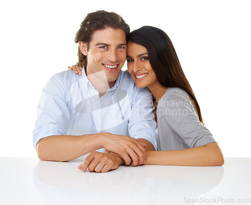 Image of Happy couple, portrait and love with a hug, care and smile together isolated on a white background. Young man and woman happy about valentines day date, support and commitment with partner at table
