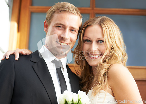 Image of Love, romance and portrait of couple with flower bouquet and smile for valentines day, luxury date or wedding. Flowers, man and woman dressed in elegant clothing to celebrate special valentine event.