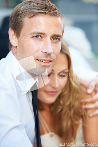 Image of Selfie, portrait and couple hug on first date, anniversary or valentines day while bonding outdoor together, happy and sweet. Face, picture and man with woman for photo, romance on blurred background