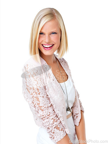 Image of Portrait, happy and woman with fashion, style and beauty smiling isolated against a studio white background. Happiness, excited and young female model confident with a positive mindset