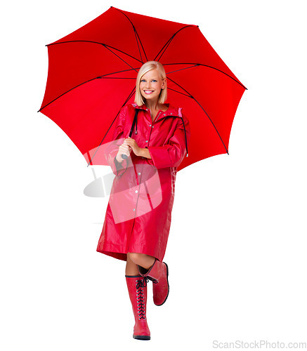 Image of Portrait woman and umbrella with smile, cover and confident girl isolated on white studio background. Face, young female and happy lady with cover from rain, joyful and cheerful with jacket and boots