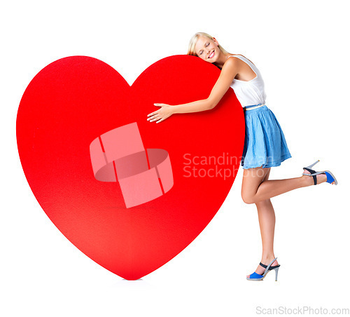 Image of Hug, emoji and love by woman with red heart in studio for valentines day, poster or board on white background. Romance, shape and girl model embrace icon, billboard or message for hope and isolated