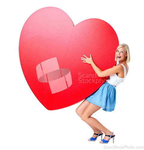 Image of Love, emoji and portrait of woman with red heart in studio for valentines day, poster or board on an isolated white background. Hope, shape and girl model holding icon, billboard or message and sign