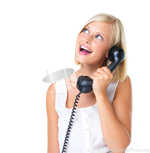 Image of Telephone, phone and mockup with shocked woman excited for deal, sale and marketing. Young, surprised and female happy for giveaway, prize and isolated against a studio white background