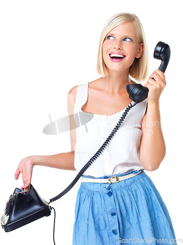 Image of Woman is happy with telephone call, smile with communication and virtual chat isolated on white background. Happiness, retro technology and young female face with mockup space, vintage and connection