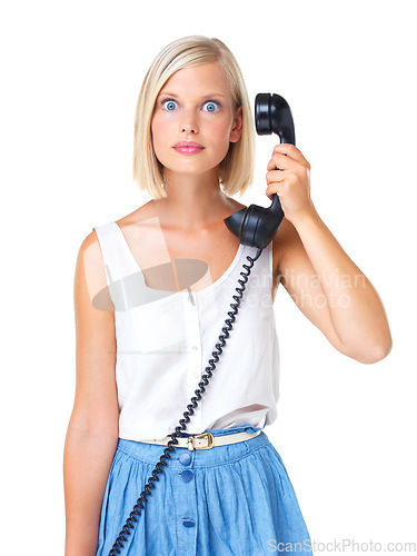 Image of Woman, telephone call and surprise in portrait, shocked facial expression with communication isolated on white background. Wow, retro technology and young female with omg face, vintage and connection