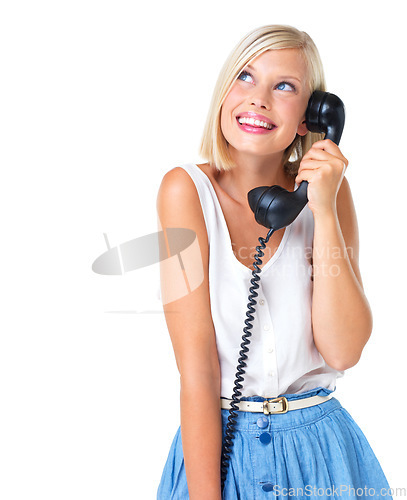 Image of Telephone, advertising and woman looking at mockup excited for deal, sale and marketing. Young, surprised and female happy for giveaway, prize and isolated against a studio white background