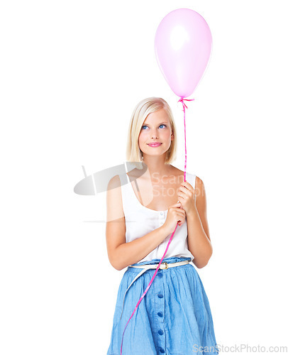 Image of Balloon, young woman and white background studio thinking about valentines day present. Idea, mock up and smile of a model with casual fashion with balloons for a party as a gift feeling calm