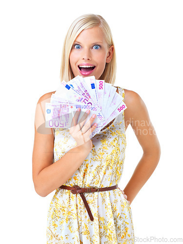 Image of Rich, happy and woman prize winner surprised, excited and wow isolated against a studio white background. Money, euro and portrait of wealthy female with lottery cash for financial freedom