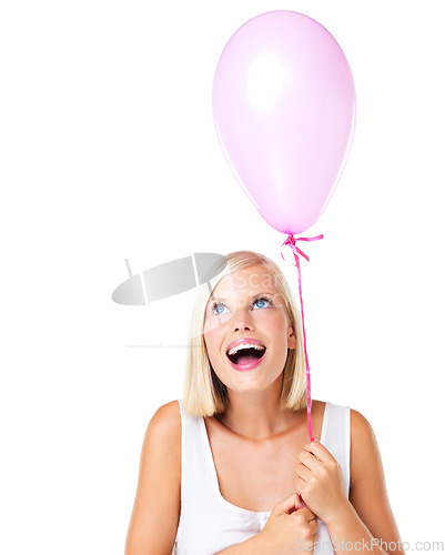 Image of Balloon, excited and happy woman looking up for birthday or valentines day present in studio. Isolated, white background and cute model with happiness face and joy thinking with smile for party