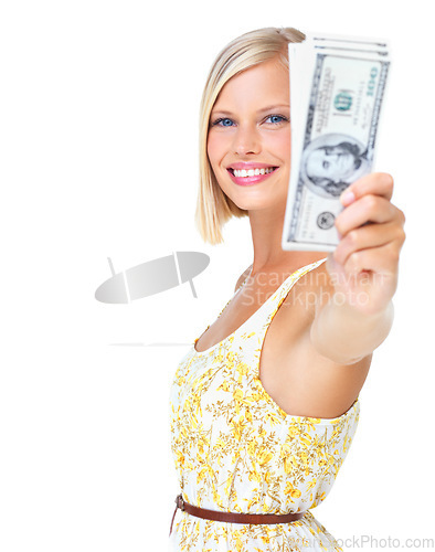 Image of Woman is happy in portrait, smile with cash in hand, finance and dollars with rich female isolated on white background. Wealth, money and success, lottery winner or salary in studio with mockup space