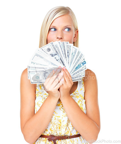 Image of Woman with cash, dollar fan and saving with investment profit or finance loan credit isolated on white background. Money, budget and economic success with financial freedom or bonus payment in studio