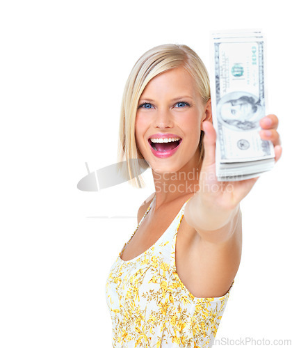 Image of Woman, wow in portrait with smile and cash in hand, finance and dollars with happy rich female isolated on white background. Wealth, money and success, lottery winner in studio with mockup space