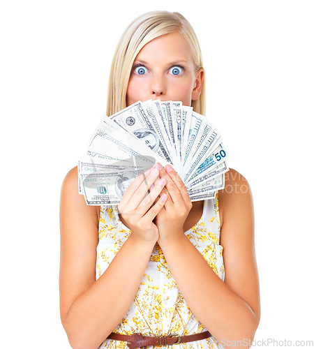 Image of Wow, woman with money and dollars in portrait of investment profit or finance loan credit isolated on white background. Cash, budget and success shock in financial freedom or bonus payment in studio.