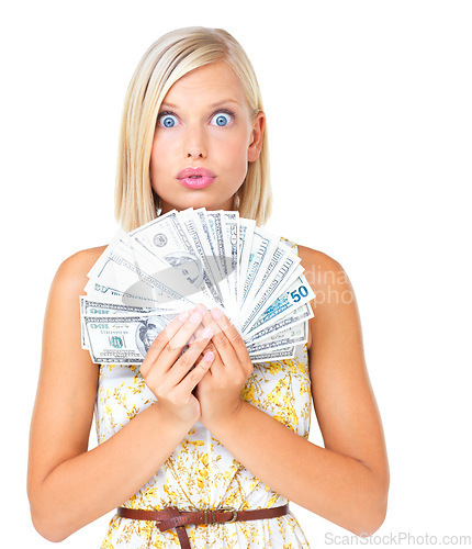 Image of Wow, portrait of woman dollar fan and saving on investment profit or finance loan credit isolated on white background. Cash, budget and money shock in financial freedom or bonus payment in studio.