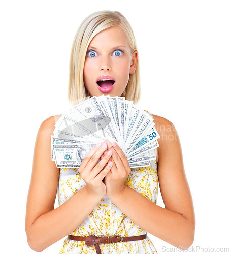 Image of Wow, happy and woman cash prize winner surprised, shocked and excited isolated against a studio white background. Rich, euro and portrait of wealthy female with lottery money for financial freedom