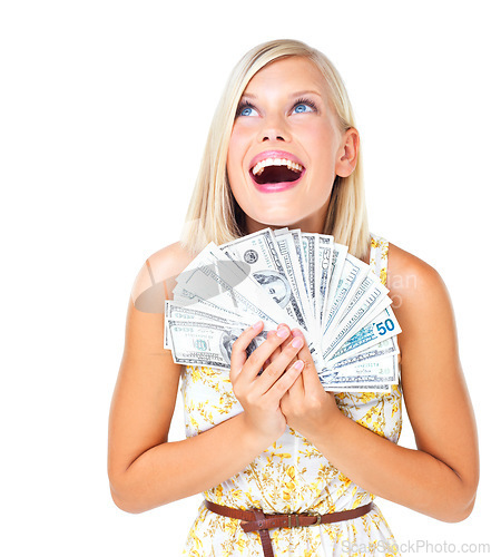 Image of Winner, money and surprise of woman with dollars in studio isolated on a white background. Winning, wow and happy female model thinking of cash, profit and success after lottery, prize or investment.