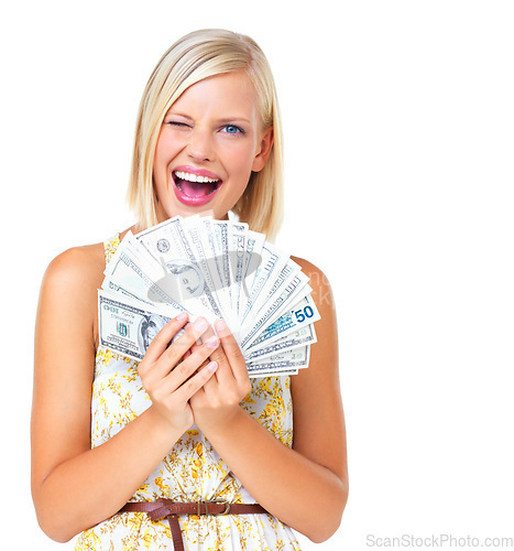 Image of Wink, money and woman cash winner surprised, wow and excited isolated against a studio white background. Rich, euro and portrait of wealthy female with lottery winning for financial freedom