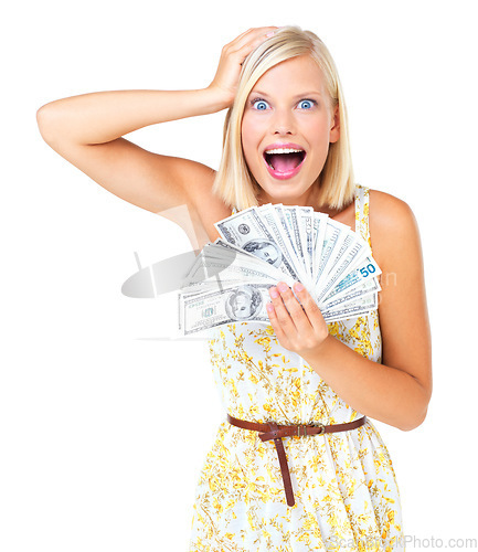 Image of Shocked, surprised and woman cash prize winner happy, wow and excited isolated against a studio white background. Rich, euro and portrait of wealthy female with lottery for financial freedom