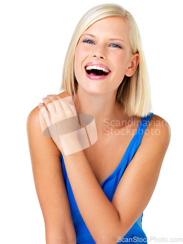 Image of Laughing, woman smile and portrait of a person from Switzerland with happiness in studio. Isolated, white background and casual fashion of a female model feeling happy, excited and positive alone