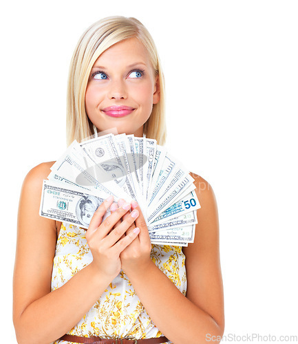 Image of Budget, deal and woman with dollars thinking and planning shopping or finance loan investment isolated on white background. Cash, discount and smile, money for financial freedom or bonus in studio.