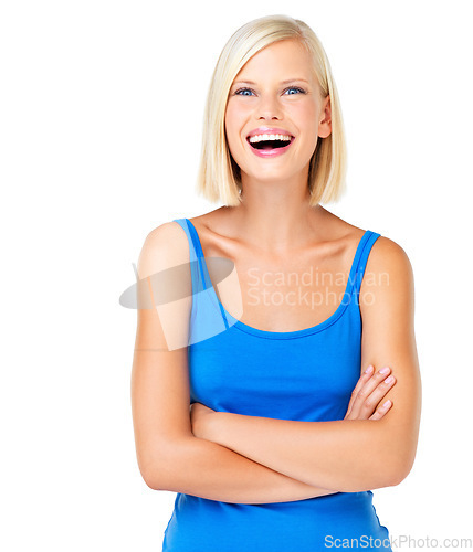 Image of Portrait, laugh and happy woman in studio, normal and relax on mockup, space, and white background. Face, laughter and girl model laughing, casual, young and confident, real and joy while isolated