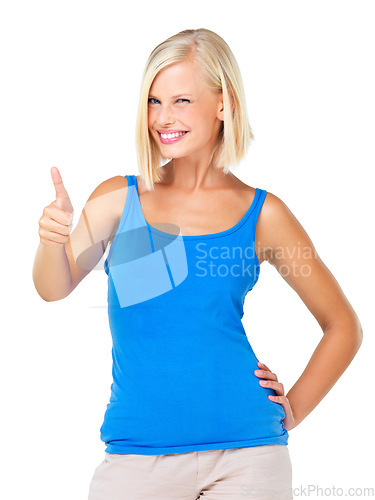 Image of Woman, portrait smile and thumbs up for good job, deal or well done isolated against a white studio background. Happy blond female standing and showing thumbsup hand gesture for agreement or winning