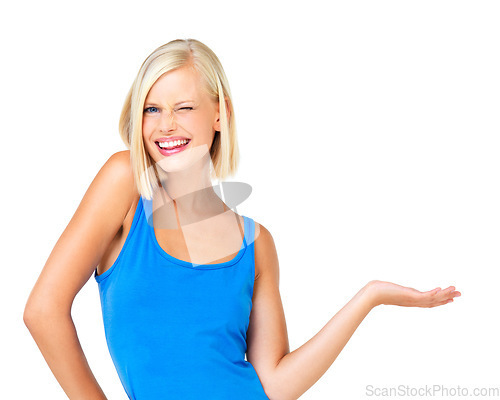 Image of Isolated, wink and deal with portrait of woman and mockup for promotion, branding or advertising. Smile, offer and vision with face of customer on white background for presentation, choice or product