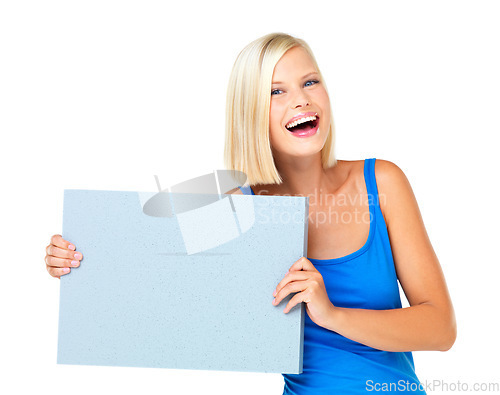 Image of Mockup, happy and deal for woman with a poster advertising, marketing and billboard for sale, logo or giveaway. Portrait of a female showing brand on a board isolated in a studio white background