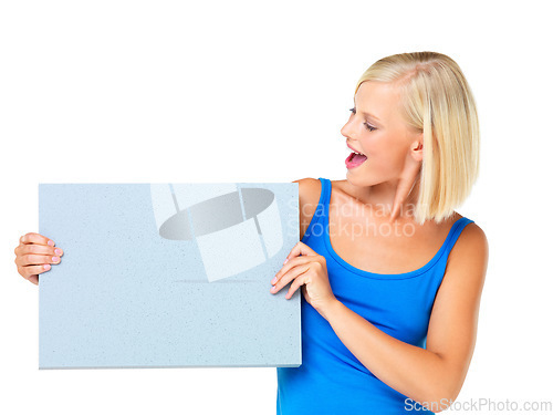 Image of Mockup, sale and woman looking at poster advertising, marketing and billboard for logo, deal or giveaway. Paper, blonde and female showing brand on a board isolated in a studio white background