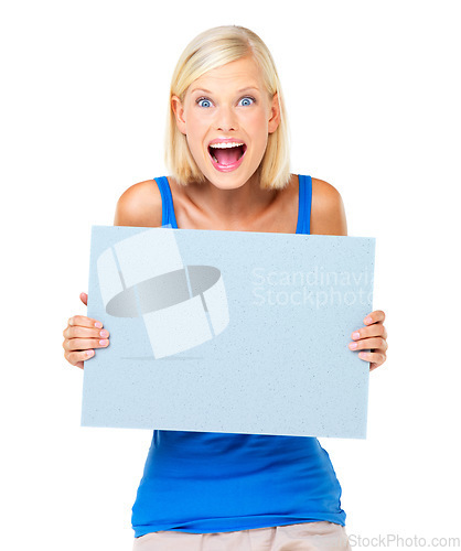 Image of Mockup, shocked and winner or woman with a board advertising, marketing and billboard for sale, deal or giveaway. Portrait of a female showing brand on a poster isolated in a studio white background