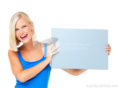 Image of Mockup, deal and woman with a poster advertising, marketing and billboard for sale, deal or giveaway. Portrait, blonde and female showing brand on a board isolated in a studio white background