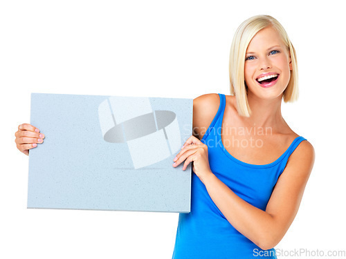 Image of Portrait, mockup and woman with poster, advertising space and product placement with lady isolated on white studio background. Face, female and girl with paper for communication and business message