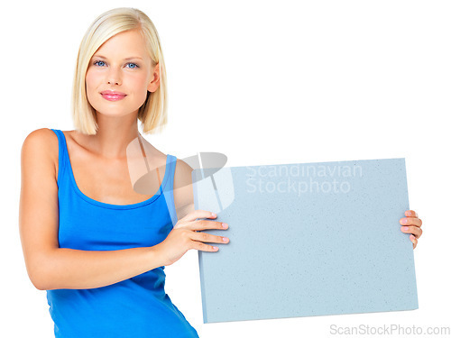 Image of Mockup, branding and woman holding poster advertising, marketing and billboard for sale, deal or giveaway. Portrait, blonde and female showing brand on a board isolated in a studio white background