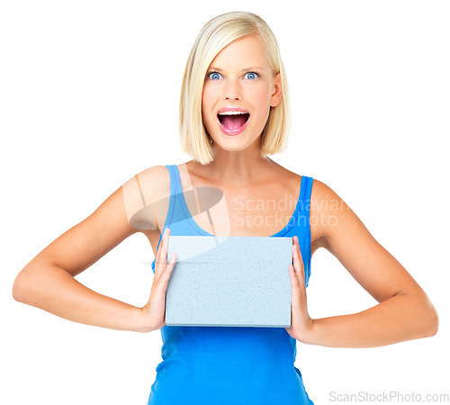 Image of Mockup, paper and woman holding board advertising, marketing and billboard for sale, deal or giveaway. Portrait, excited and female showing brand or sign isolated in a studio white background