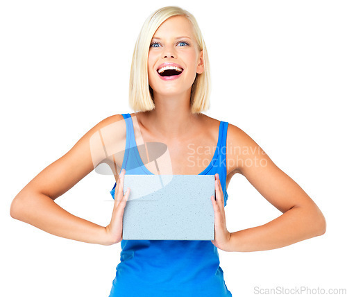 Image of Sign, paper and woman with poster advertising, marketing and billboard for sale, deal or giveaway. Portrait, mockup and female showing brand on a board isolated in a studio white background