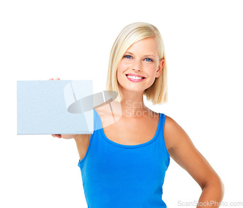 Image of Mockup, card and woman with paper advertising, marketing and billboard for sale, deal or giveaway. Portrait, branding and female showing brand on a board isolated in a studio white background