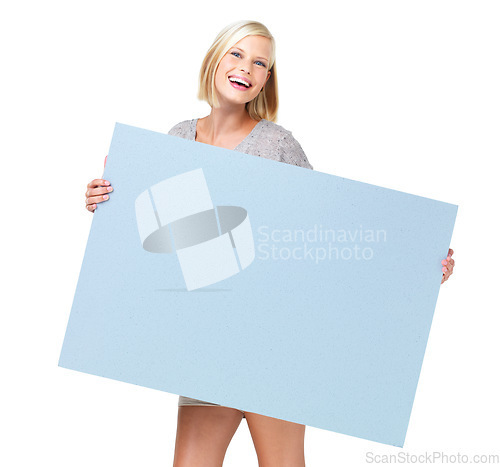Image of Mockup, billboard and woman with poster marketing, advertising and branding for sale, deal or giveaway. Portrait, blonde and female showing brand on a board isolated in a studio white background