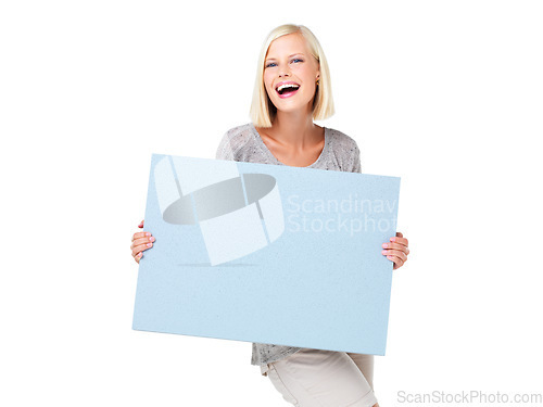 Image of Mockup, advertising and woman with a poster marketing, news and billboard for sale, deal or giveaway. Portrait, blonde and female showing brand on a board isolated in a studio white background