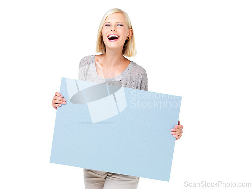 Image of Board, billboard and woman holding poster advertising, marketing and branding for sale, deal or giveaway. Portrait, blonde and female showing brand on mockup isolated in a studio white background