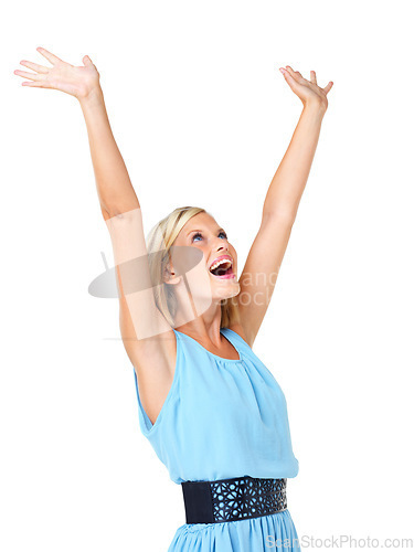 Image of Isolated, wow and winner with portrait of woman and mockup for celebration, motivation and success. Freedom, happy and goals with girl screaming in white background studio for party, confident or yes