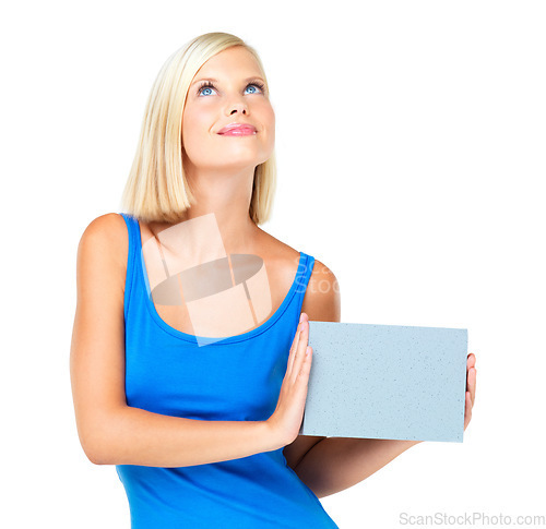 Image of Paper, mockup and woman holding poster advertising, marketing and billboard for sale, deal or giveaway. Portrait, thinking and female showing brand on a board isolated in a studio white background
