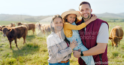 Image of Mother, father or girl bonding on farm with cows in nature environment, agriculture or countryside sustainability landscape. Portrait, smile or happy farmer family with cattle for meat, dairy or beef