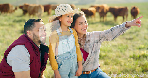 Image of Happy family bonding on a cattle farm, happy, laughing and learning about animals in nature. Parents, girl and agriculture with family relaxing, enjoying and exploring the outdoors on an open field