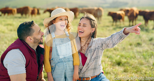 Image of Happy family bonding on a cattle farm, happy, laughing and learning about animals in nature. Parents, girl and agriculture with family relaxing, enjoying and exploring the outdoors on an open field