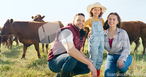 Image of Farm, portrait and family bonding in nature, looking at animals and learning about livestock. Farming, agriculture and farmer parents bonding with girl on sustainable cattle business, relax and happy