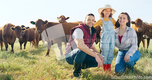 Image of Farm, portrait and family bonding in nature, looking at animals and learning about livestock. Farming, agriculture and farmer parents bonding with girl on sustainable cattle business, relax and happy