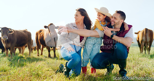 Image of Farm, cattle and family in sustainable field looking at the view in natural countryside. Livestock, sustainability and happy parents with girl child enjoying a agro, agriculture and green environment