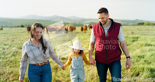 Image of Farm, family and cattle with a girl, mother and father walking on a field for agriculture or sustainability farming. Farmer, love and parents with a daughter on a grass meadow with cows on a ranch