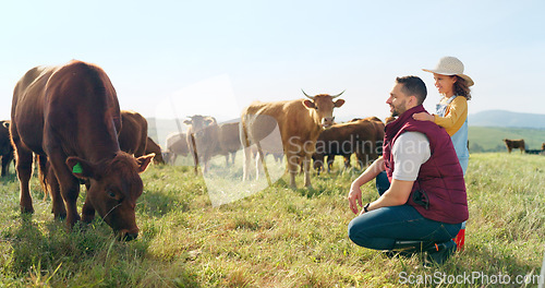 Image of Farmer, family and girl and father bonding in the countryside, learning about cattle farming and livestock care. Sustainability, child and parent enjoy conversation about animals and relax in nature